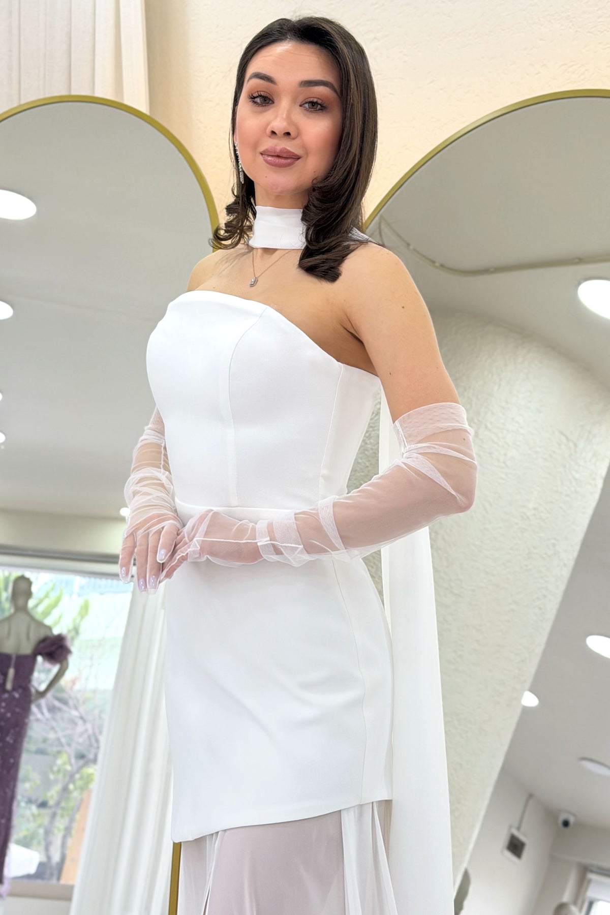 Beyaz Şal Detaylı Straplez Tül Etek Asimetrik Nikah Abiye Elbise 