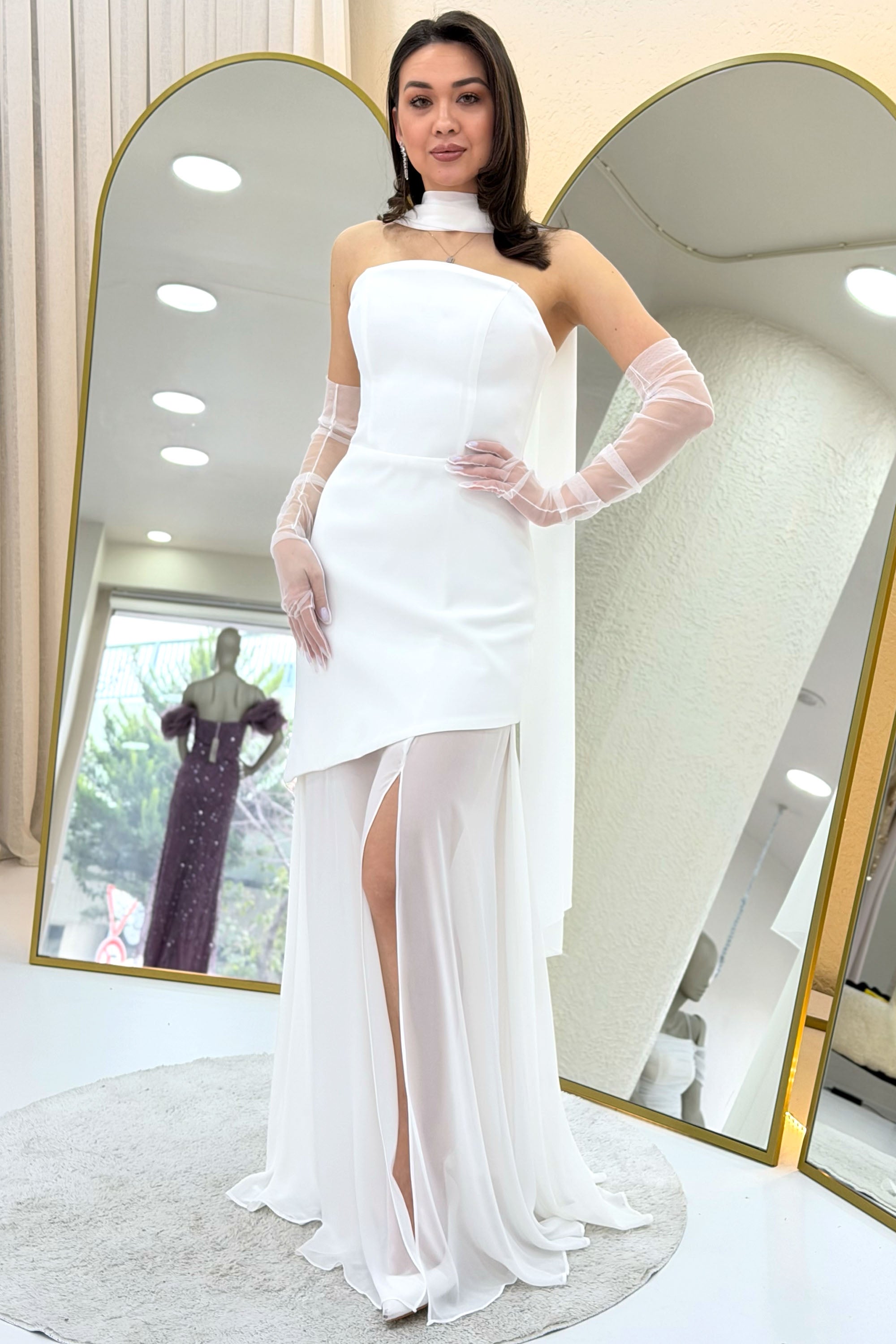 Beyaz Şal Detaylı Straplez Tül Etek Asimetrik Nikah Abiye Elbise 