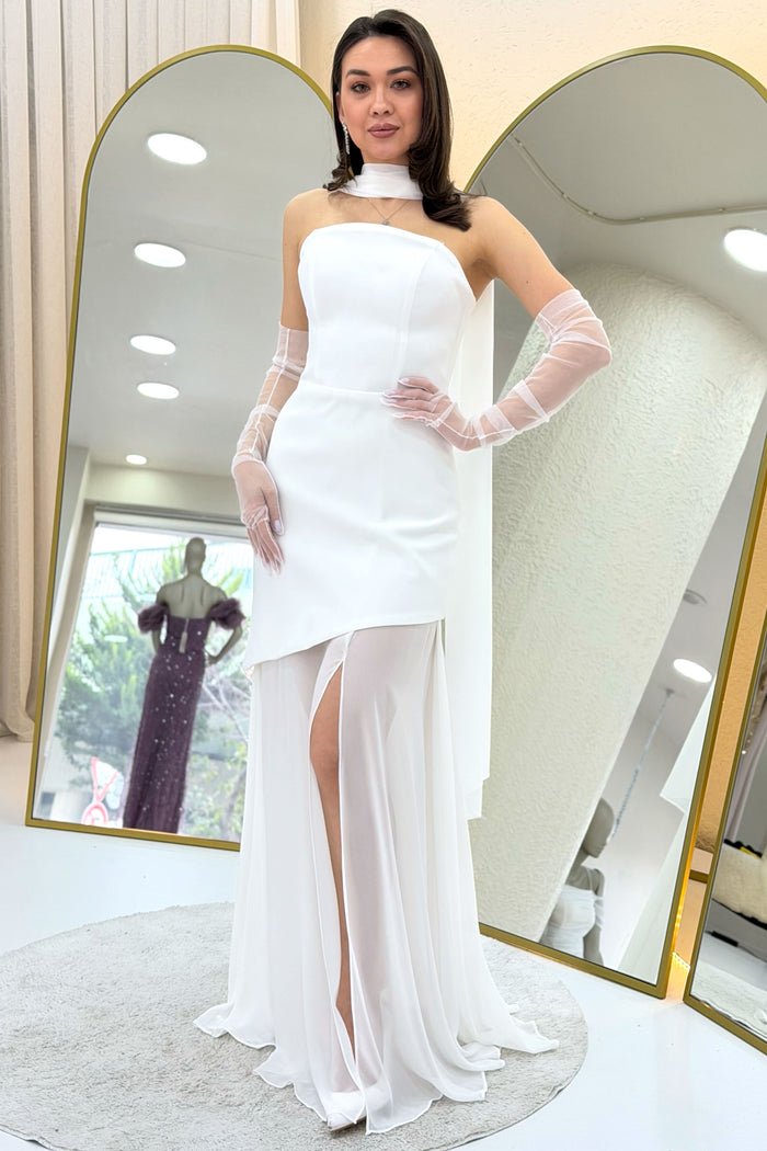 Beyaz Şal Detaylı Straplez Tül Etek Asimetrik Nikah Abiye Elbise 