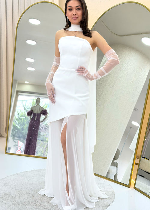 Beyaz Şal Detaylı Straplez Tül Etek Asimetrik Nikah Abiye Elbise