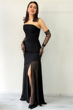 Siyah Şal Detaylı Straplez Tül Etek Asimetrik Abiye Elbise 