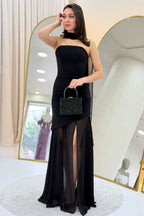 Siyah Şal Detaylı Straplez Tül Etek Asimetrik Abiye Elbise 