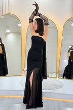 Siyah Şal Detaylı Straplez Tül Etek Asimetrik Abiye Elbise 