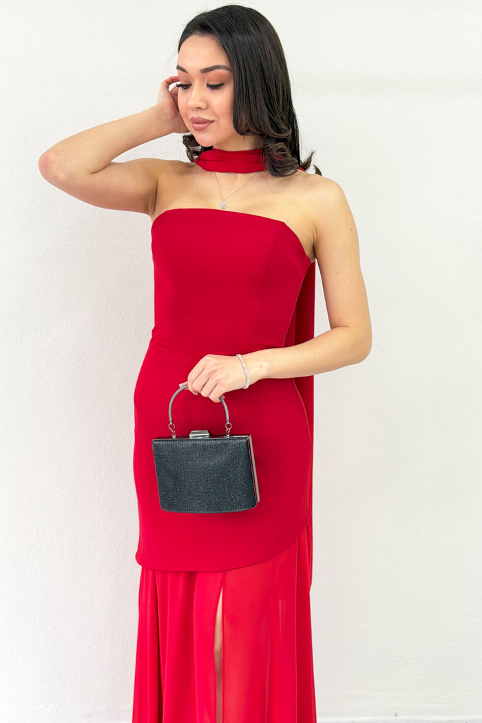 Kırmızı Şal Detaylı Straplez Tül Etek Asimetrik Abiye Elbise 