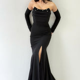 Siyah Takma Kol Taş Detaylı Drapeli Balık Abiye Elbise