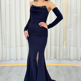 Lacivert Takma Kol Taş Detaylı Drapeli Balık Abiye Elbise