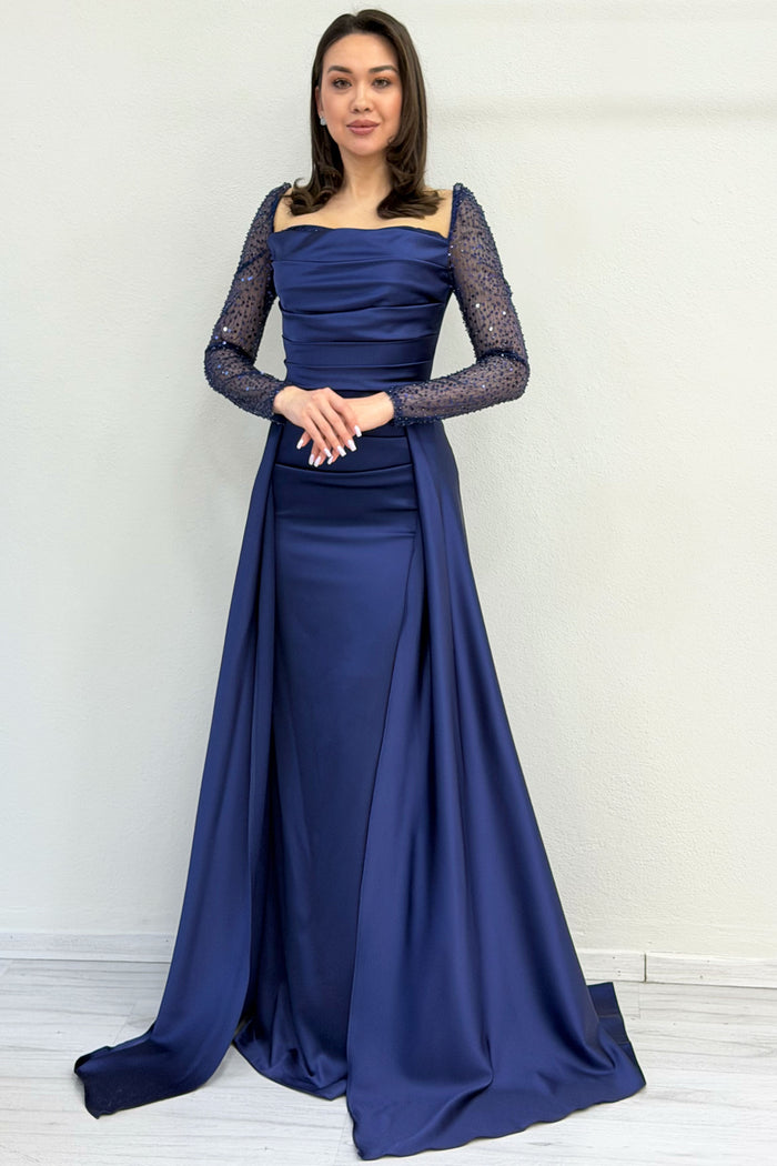 Lacivert Payet İşlemeli Uzun Kol Kare Yaka Saten Kuyruklu Abiye Elbise