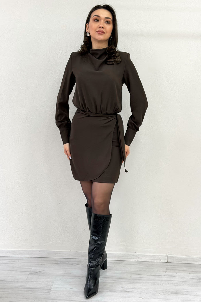 Kahverengi Vatkalı Uzun Kollu Kuşaklı Mini Elbise 