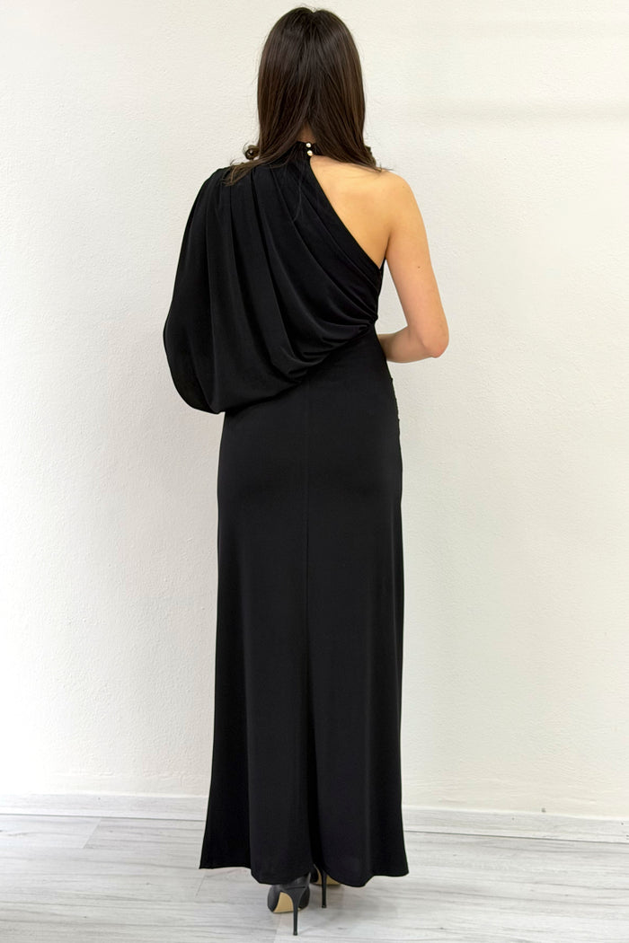 Siyah Tek Omuz Drape Detaylı Asimetrik Uzun Elbise 