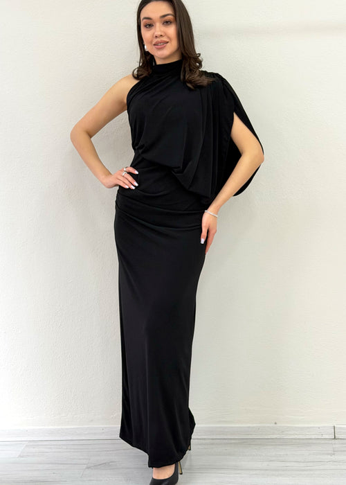 Siyah Tek Omuz Drape Detaylı Asimetrik Uzun Elbise