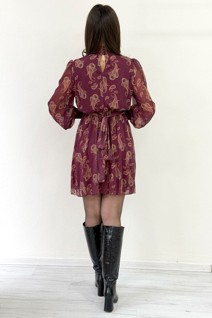 Mürdüm Şal Desenli Kuşaklı Şifon Mini  Elbise 