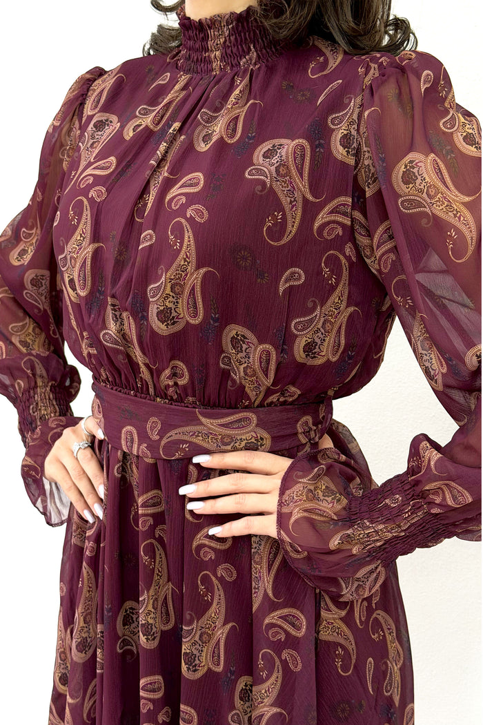 Mürdüm Şal Desenli Kuşaklı Şifon Mini  Elbise 