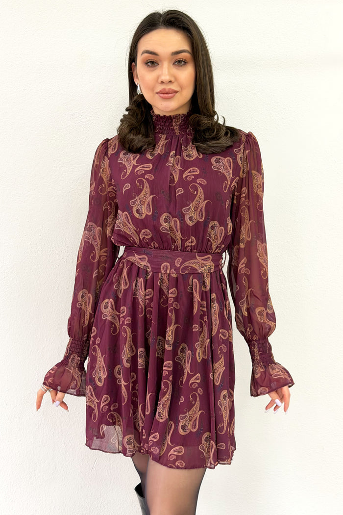 Mürdüm Şal Desenli Kuşaklı Şifon Mini  Elbise 