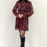 Mürdüm Şal Desenli Kuşaklı Şifon Mini  Elbise