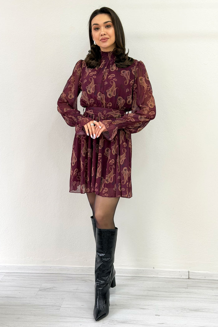 Mürdüm Şal Desenli Kuşaklı Şifon Mini  Elbise 