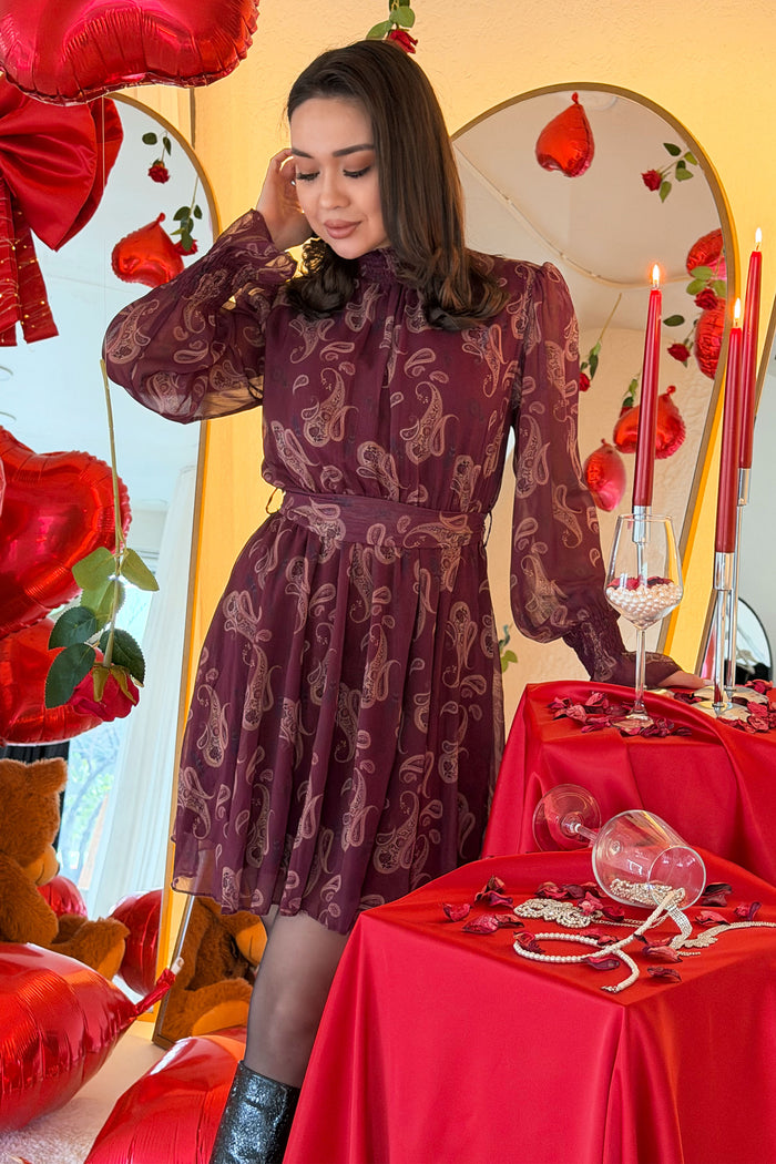 Mürdüm Şal Desenli Kuşaklı Şifon Mini  Elbise 