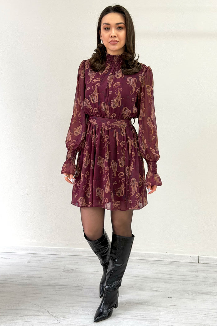 Mürdüm Şal Desenli Kuşaklı Şifon Mini  Elbise 