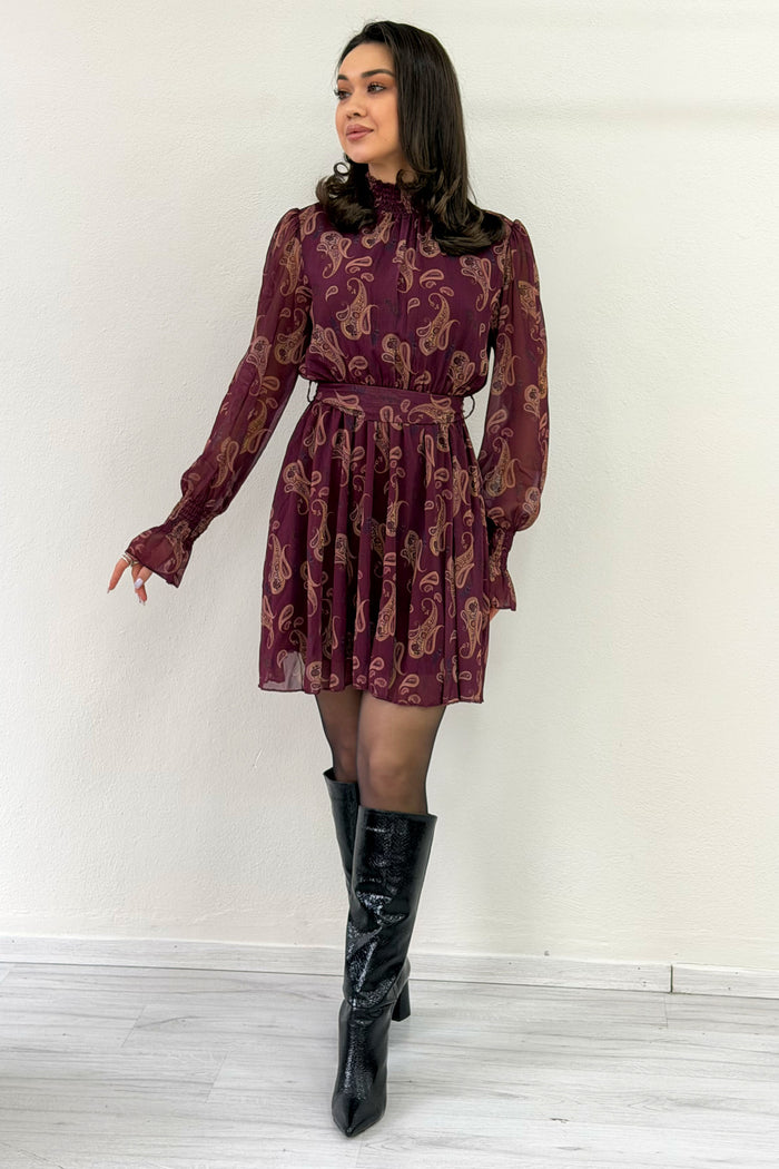 Mürdüm Şal Desenli Kuşaklı Şifon Mini  Elbise 