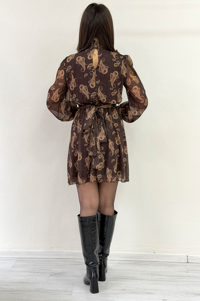 Kahverengi Şal Desenli Kuşaklı Şifon Mini  Elbise 