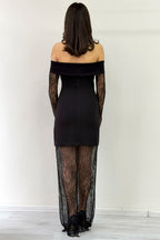 Arka detay yandan fermuarlı uzun kol siyah dantel elbise 