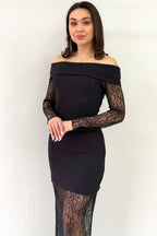 Kadın dantel yakın detay düşük omuz siyah davet elbise 