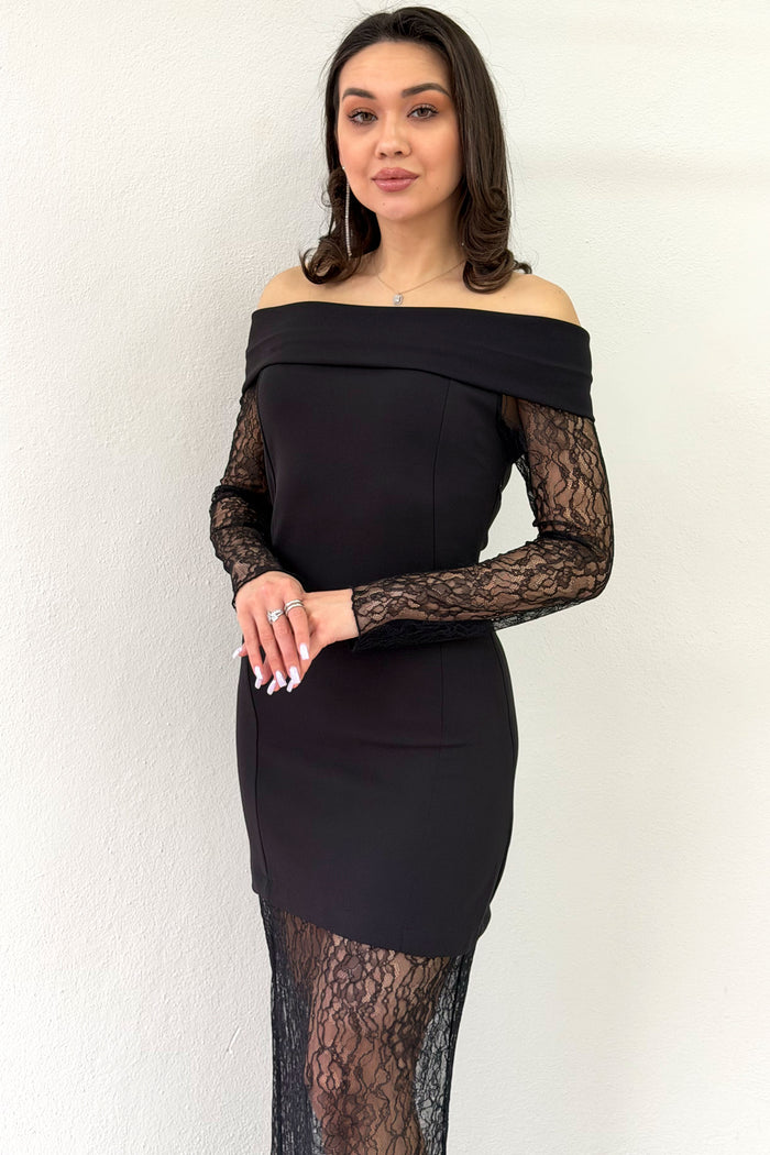 Siyah Madonna Yaka Dantel Elbise