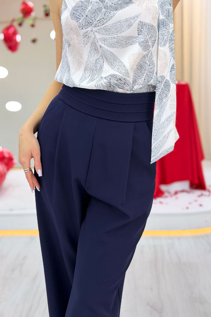 Kadın Lacivert Desenli Bluz Pantolon İkili Takım 