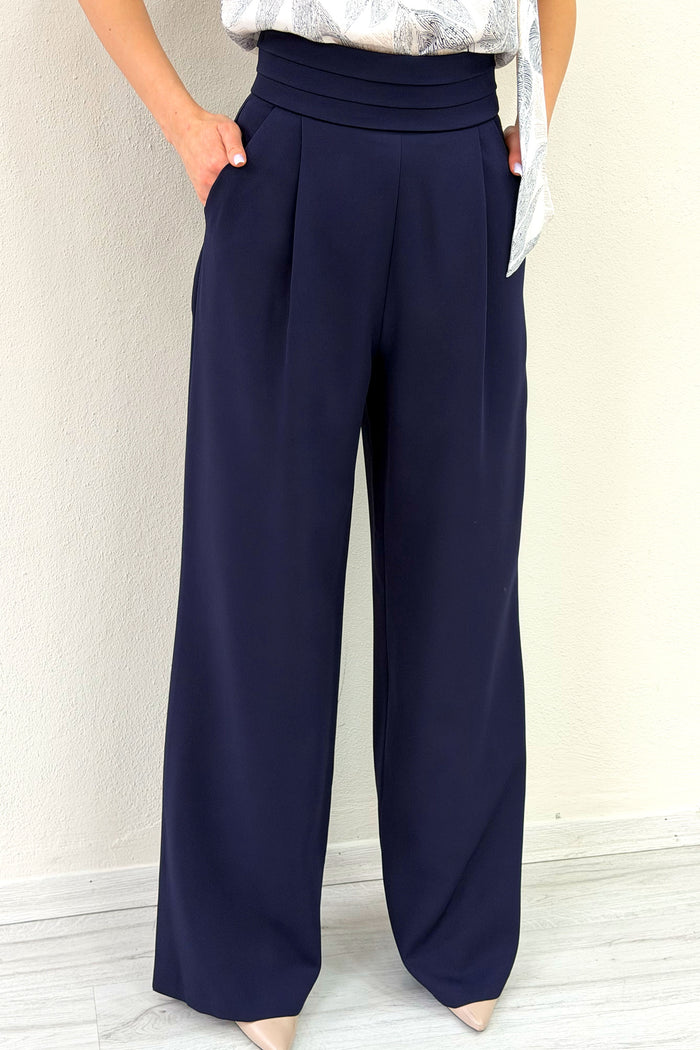 Kadın Lacivert Desenli Bluz Pantolon İkili Takım 