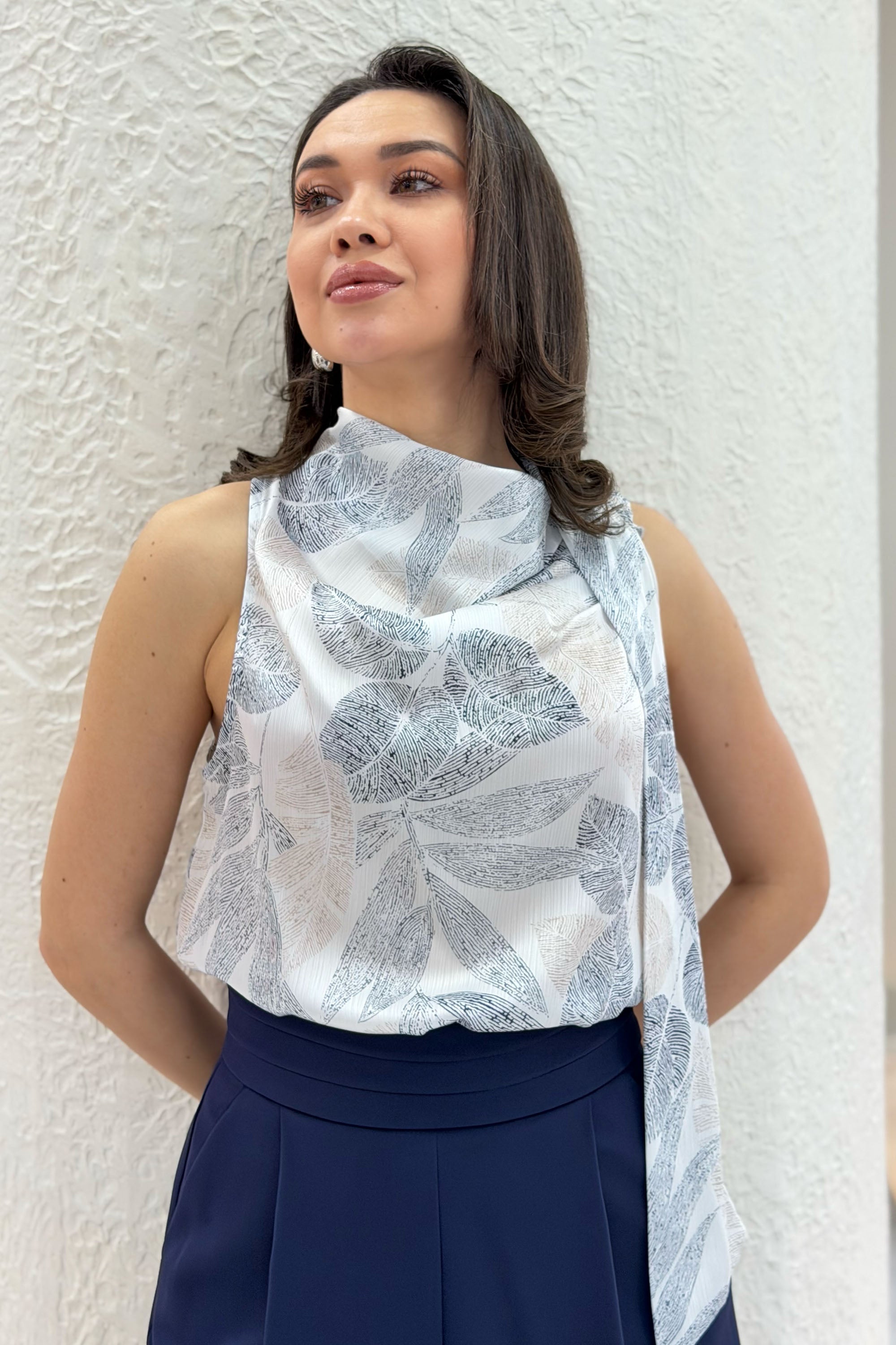 Kadın Lacivert Desenli Bluz Pantolon İkili Takım 