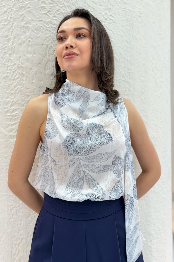 Kadın Lacivert Desenli Bluz Pantolon İkili Takım 