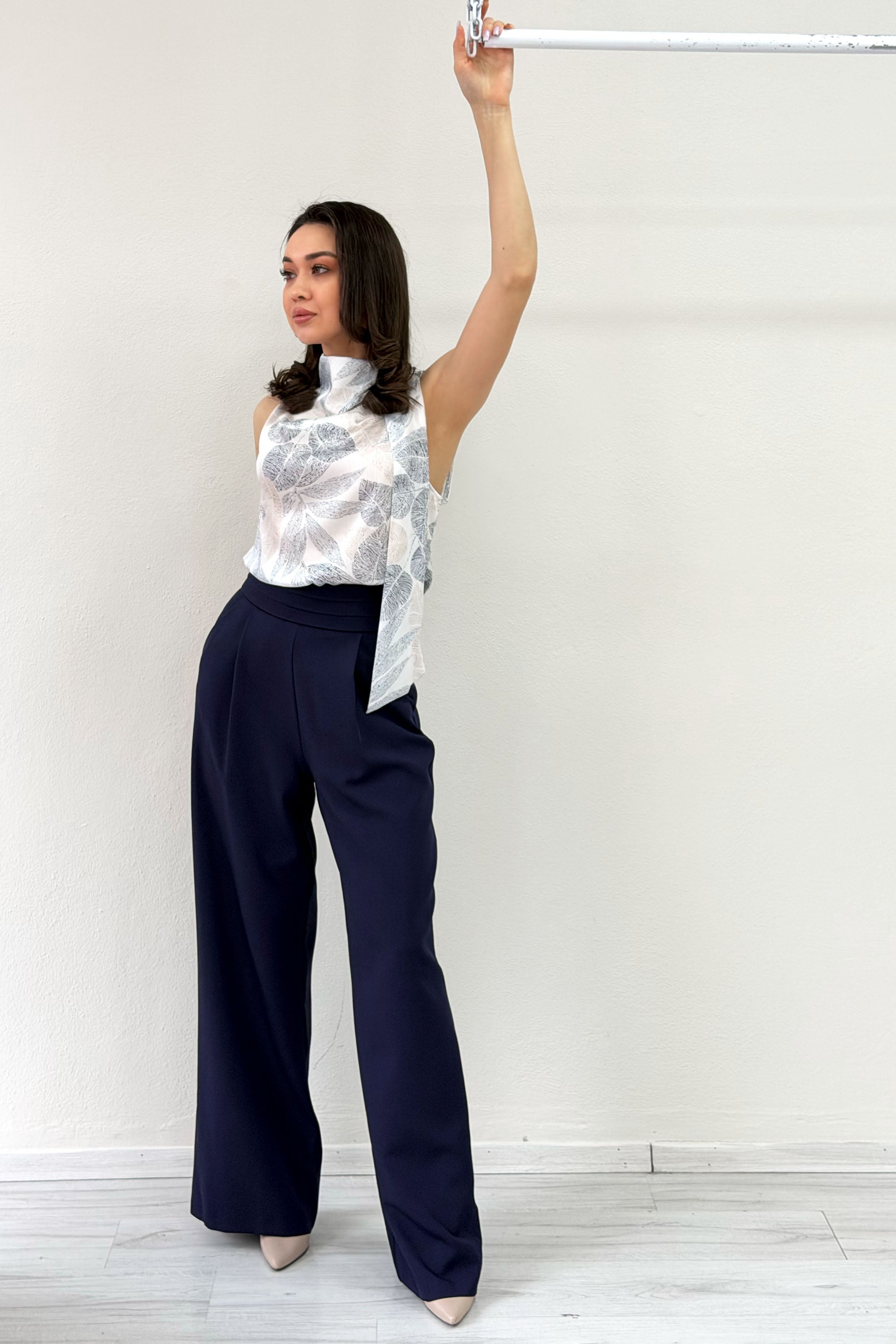 Kadın Lacivert Desenli Bluz Pantolon İkili Takım 