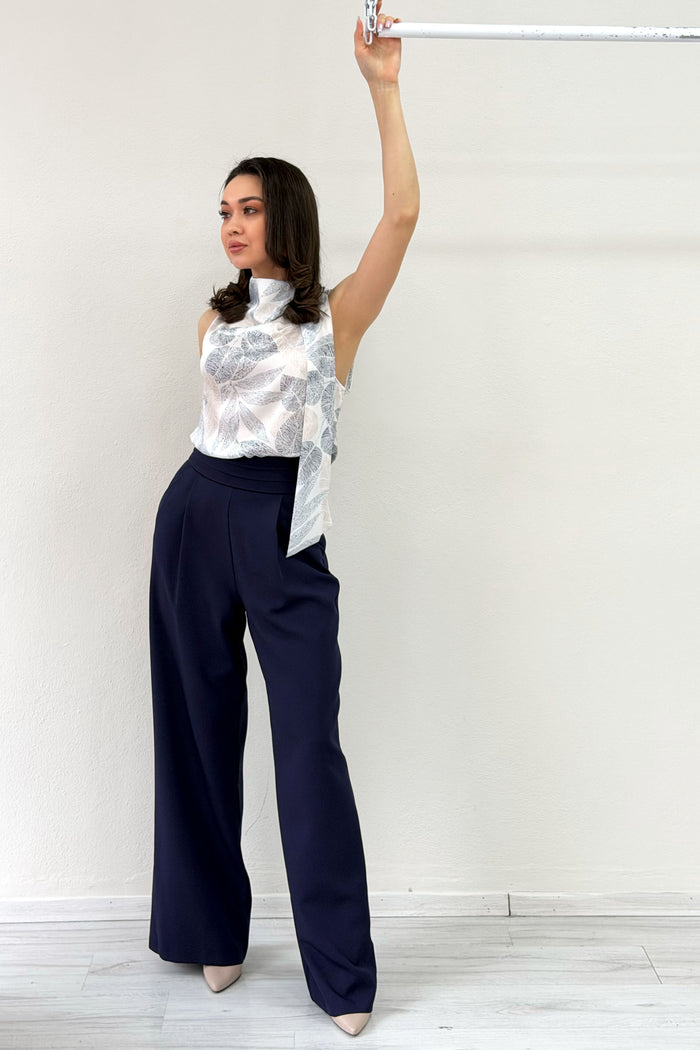 Kadın Lacivert Desenli Bluz Pantolon İkili Takım 