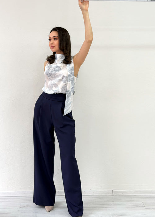 Kadın Lacivert Desenli Bluz Pantolon İkili Takım