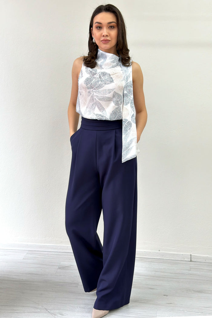 Kadın Lacivert Desenli Bluz Pantolon İkili Takım 