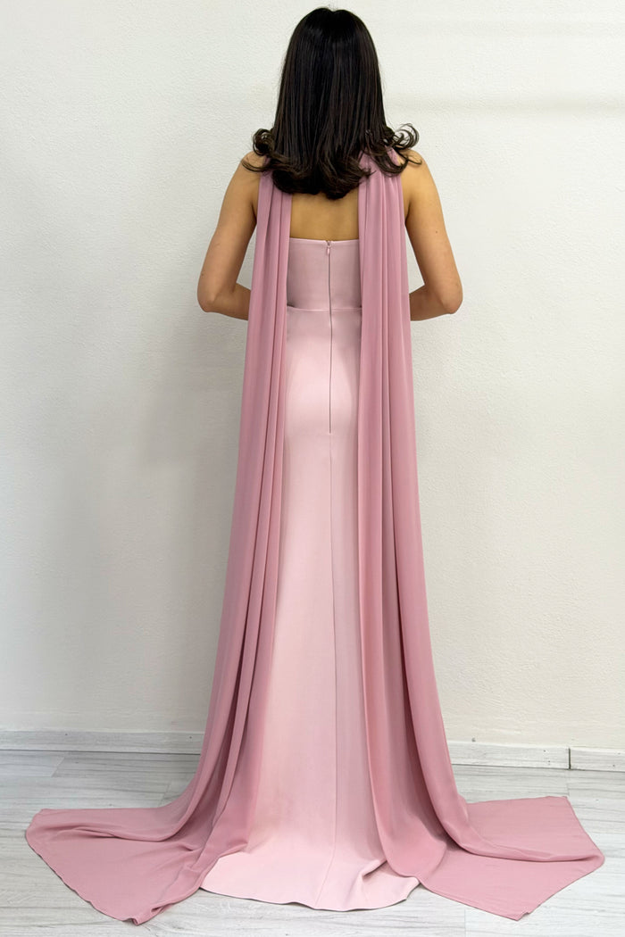 Pudra Fiyonk Detaylı Fularlı Balık Abiye Elbise 