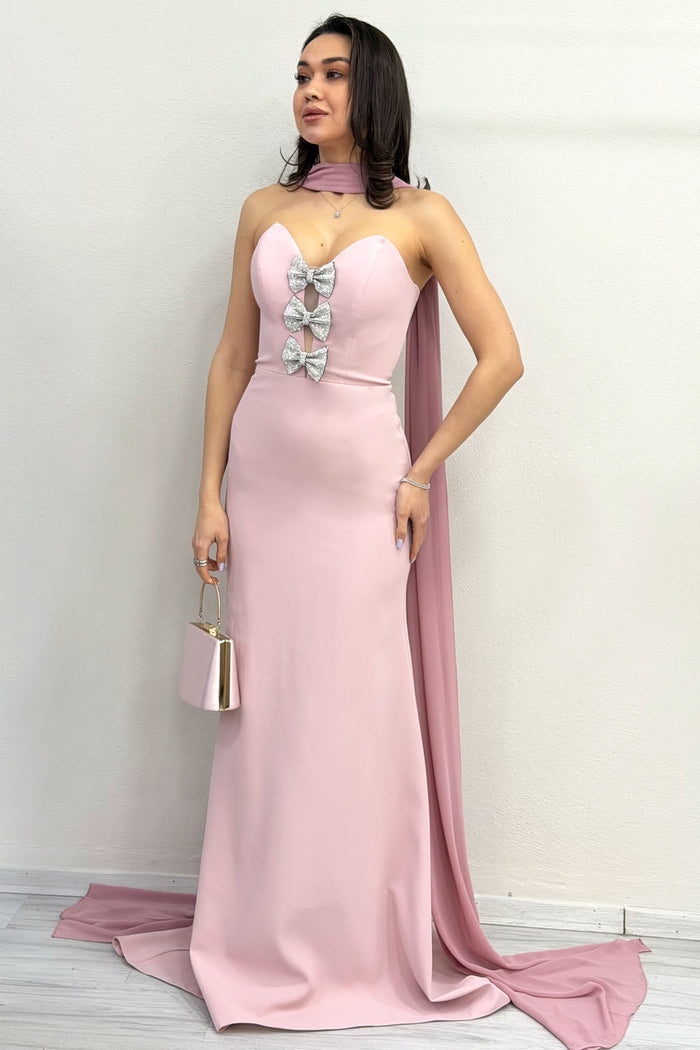 Pudra Fiyonk Detaylı Fularlı Balık Abiye Elbise 