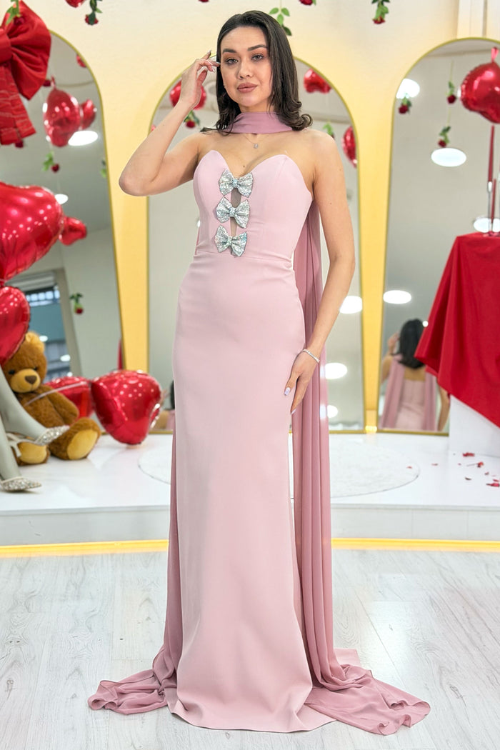 Pudra Fiyonk Detaylı Fularlı Balık Abiye Elbise 