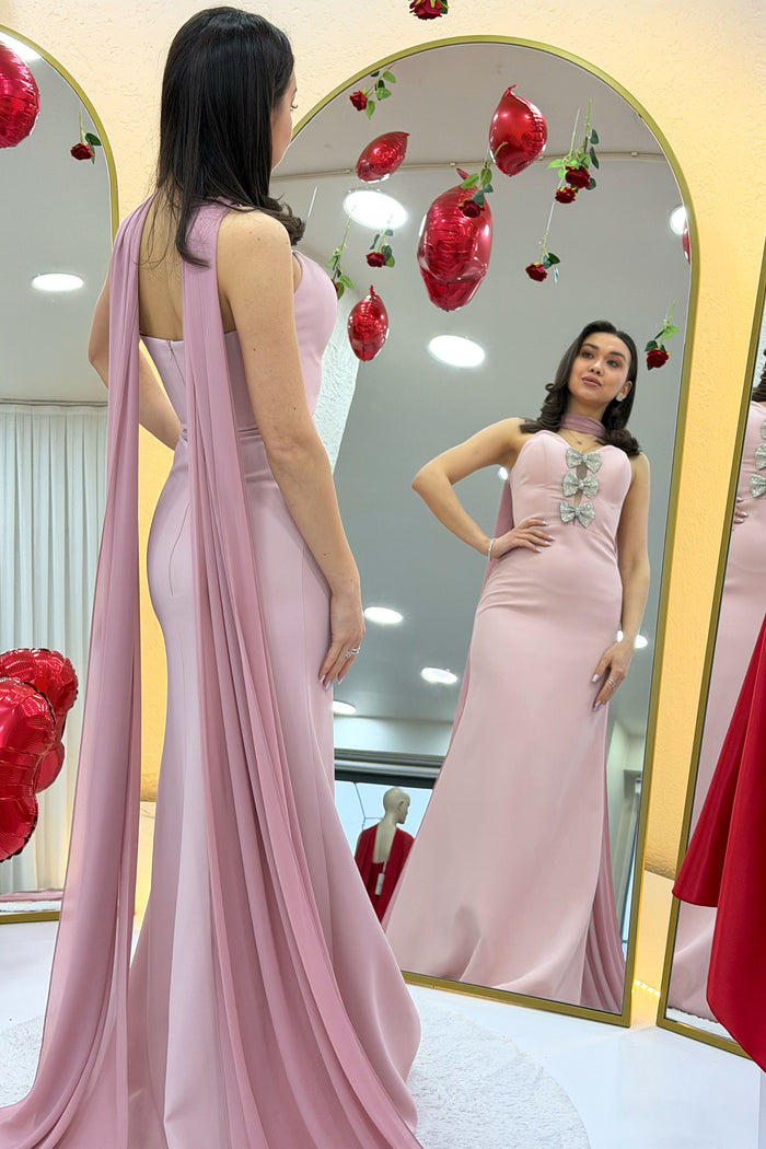 Pudra Fiyonk Detaylı Fularlı Balık Abiye Elbise 