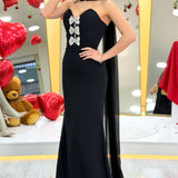 Siyah Fiyonk Detaylı Fularlı Straplez Balık Abiye Elbise