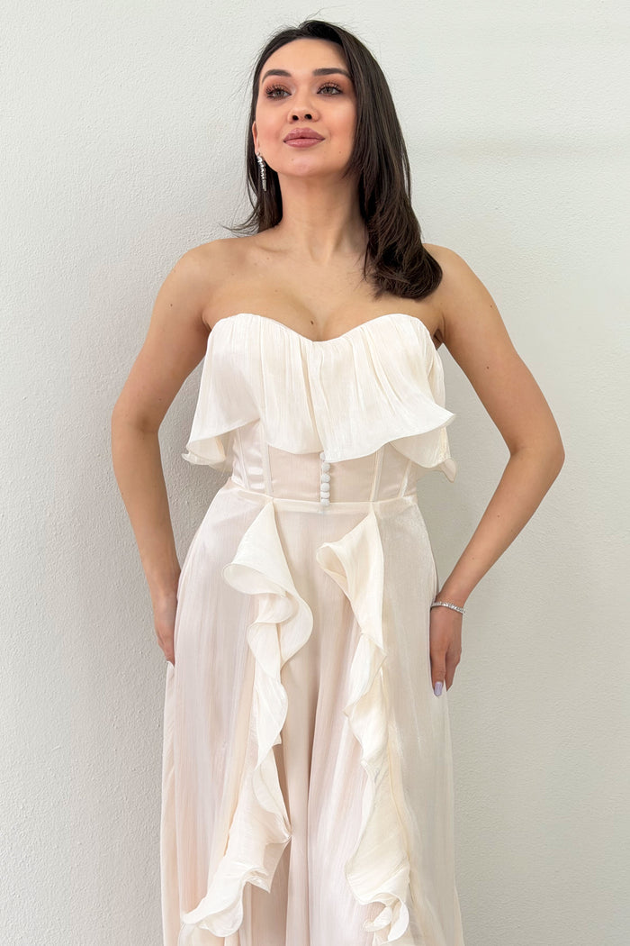 Bej Straplez Çift Yırtmaçlı Fırfırlı Abiye Elbise 