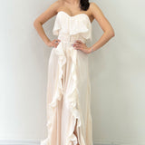 Bej Straplez Çift Yırtmaçlı Fırfırlı Abiye Elbise