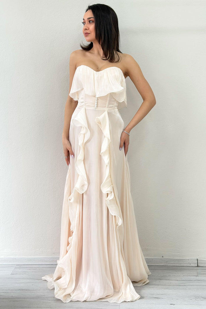 Bej Straplez Çift Yırtmaçlı Fırfırlı Abiye Elbise 