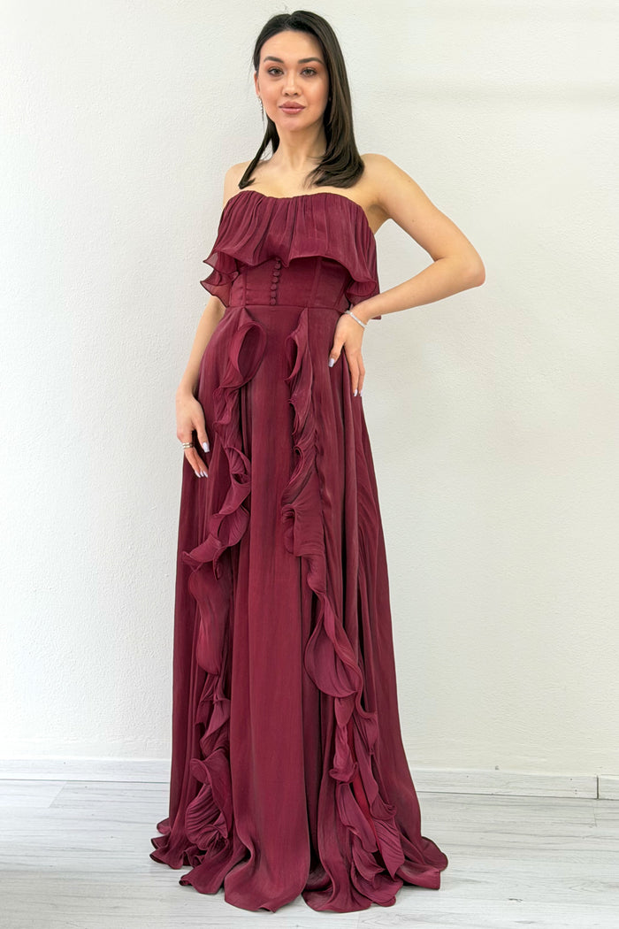 Bordo Straplez Çift Yırtmaçlı Fırfırlı Abiye Elbise 