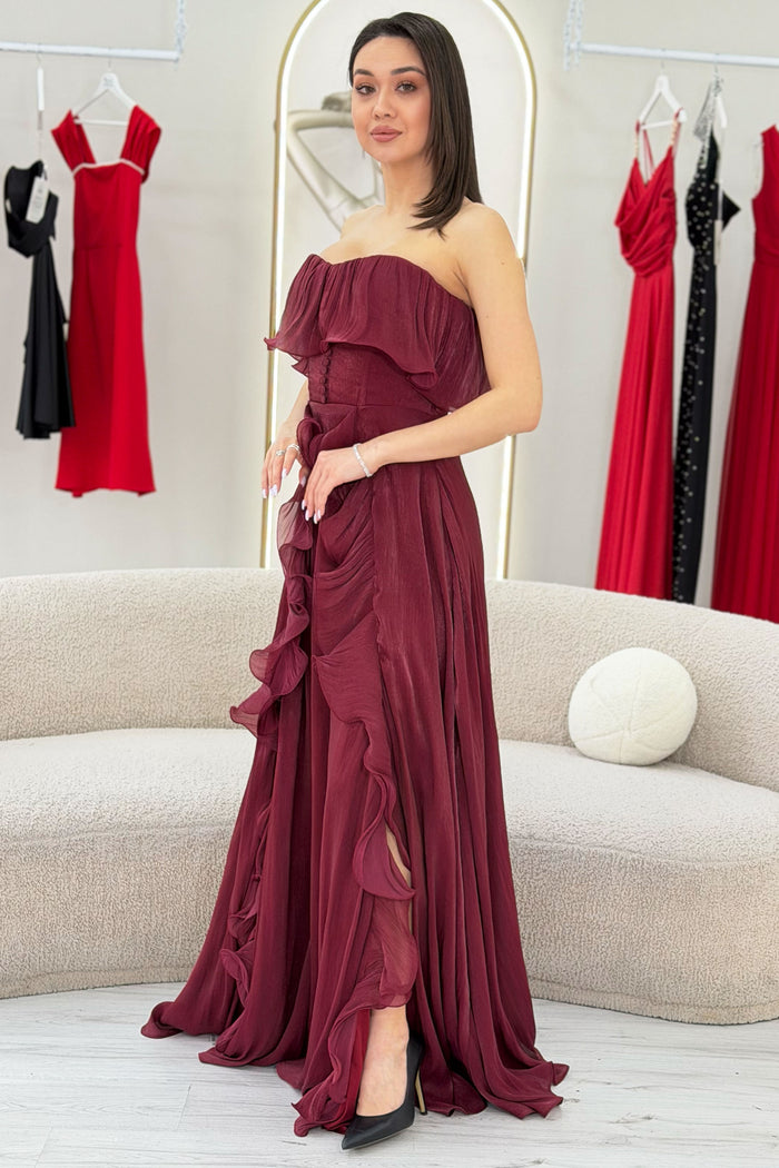 Bordo Straplez Çift Yırtmaçlı Fırfırlı Abiye Elbise 