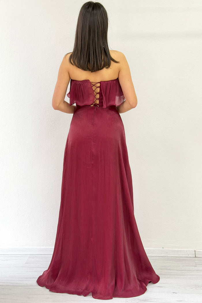 Bordo Straplez Çift Yırtmaçlı Fırfırlı Abiye Elbise 