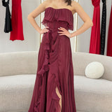 Bordo Straplez Çift Yırtmaçlı Fırfırlı Abiye Elbise