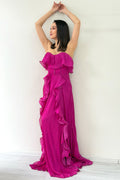 Fuşya Straplez Çift Yırtmaçlı Fırfırlı Abiye Elbise
