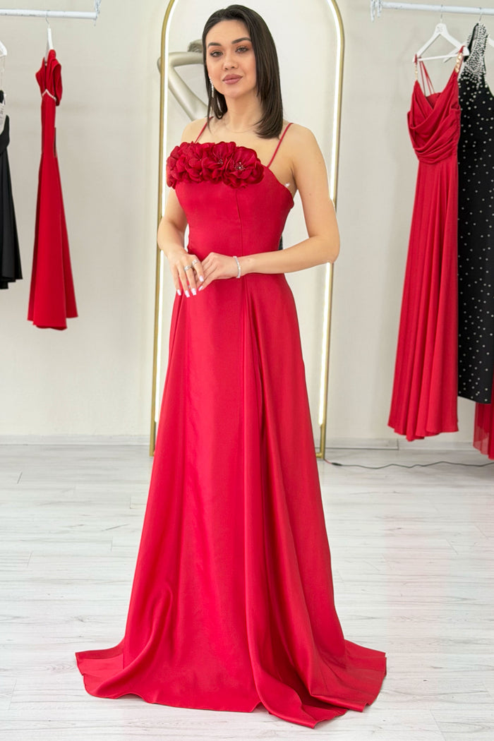 Kırmızı İnce Askılı Çiçek Detaylı Abiye Elbise 