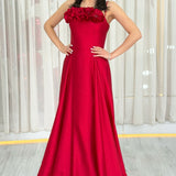 Kırmızı İnce Askılı Çiçek Detaylı Abiye Elbise