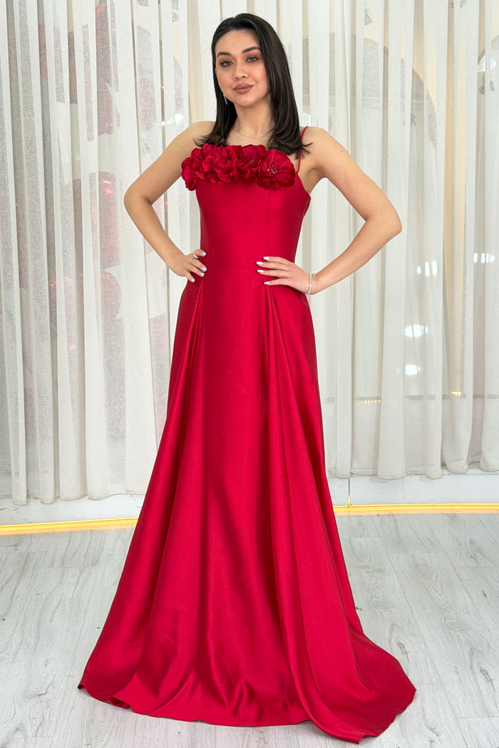 Kırmızı İnce Askılı Çiçek Detaylı Abiye Elbise 